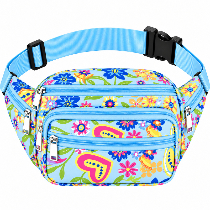 (image for) 8056 Blue Floral Bright Colored Multizip Bumbag (New)